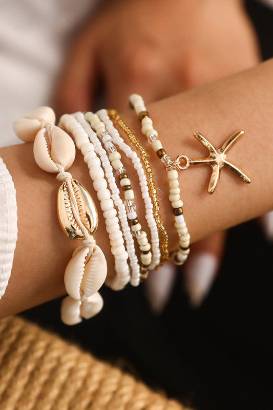 White 7pcs Bohemian Shell Starfish Beaded Bracelets Jewelry JT's Designer Fashion