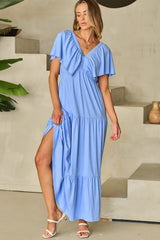 Sky Blue Textured V Neck Flutter Sleeve Ruffled Maxi Dress Maxi Dresses JT's Designer Fashion