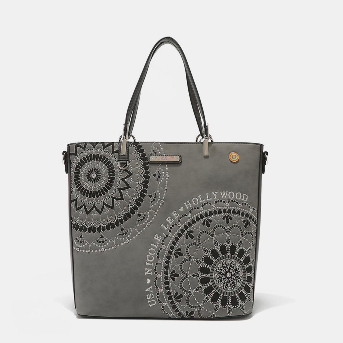 Nicole Lee USA Metallic Stitching Embroidery Inlaid Rhinestone Tote Bag Gray One Size Shoulder Bags JT's Designer Fashion