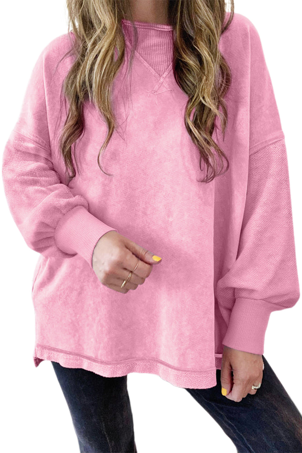 Strawberry Pink Mineral Wash Drop Shoulder Pullover Sweatshirt Sweatshirts & Hoodies JT's Designer Fashion