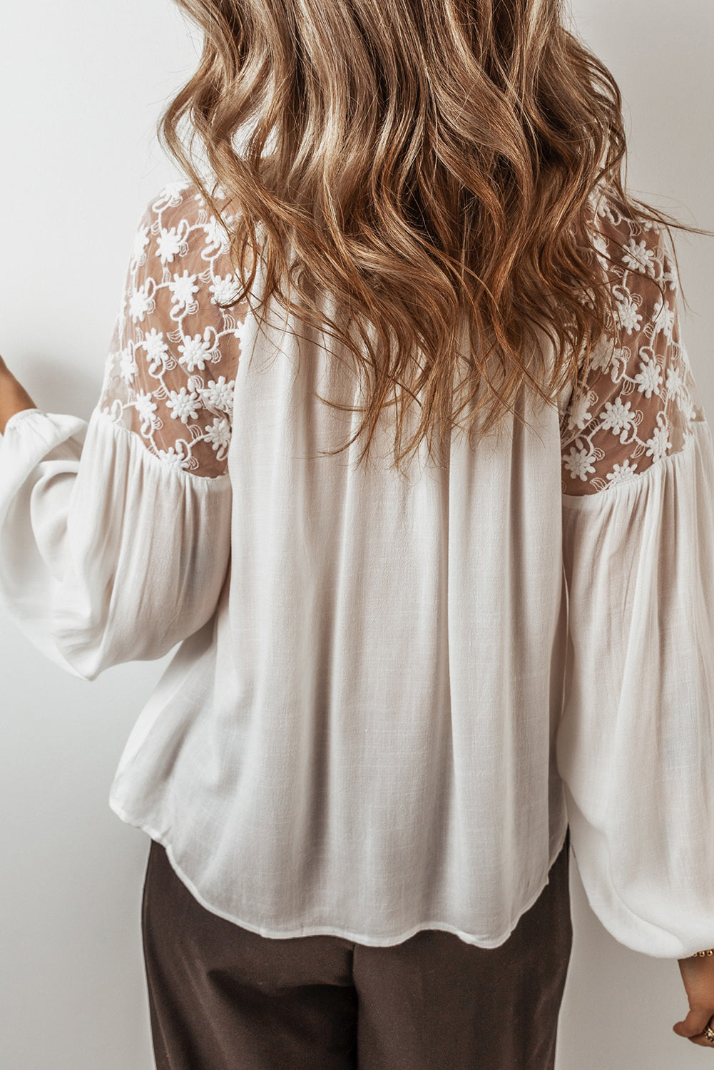 White Floral Lace Patchwork Puff Sleeve Tied V Neck Blouse Blouses & Shirts JT's Designer Fashion