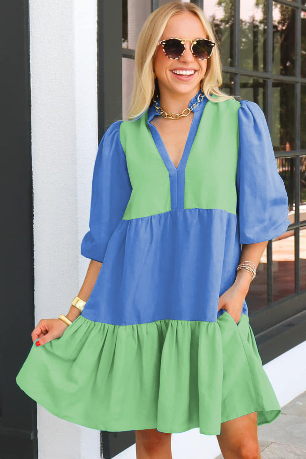 Dark Blue Colorblock Frilled V Neck Puff Half Sleeve Shift Dress Mini Dresses JT's Designer Fashion