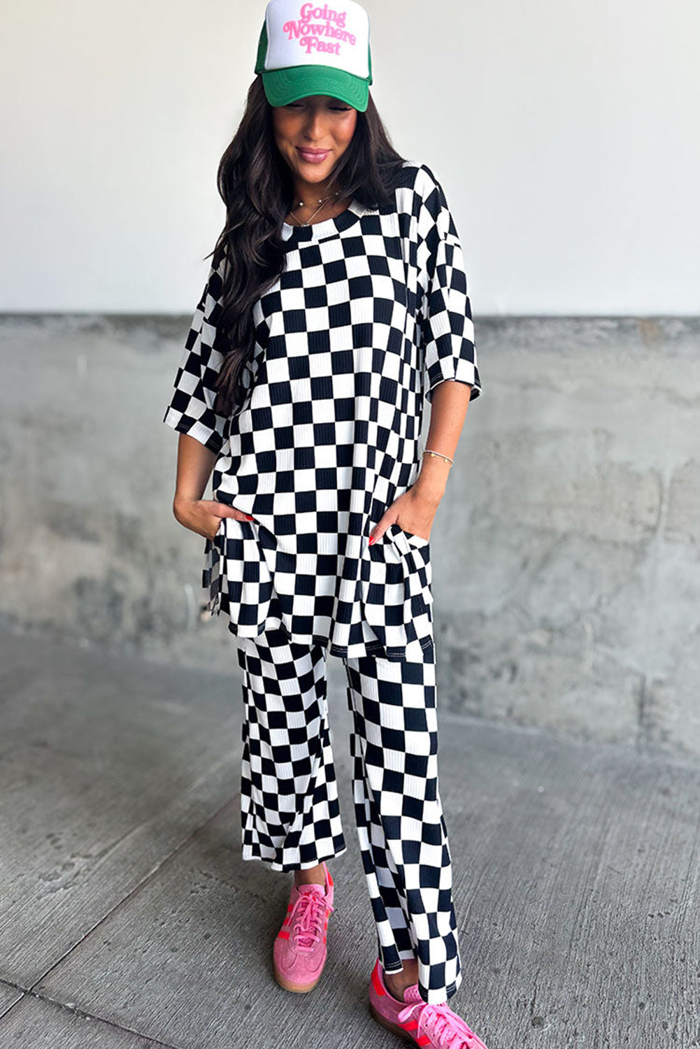 Black Checkered Print Half Sleeve Tunic Top and Flared Pants Set Pant Sets JT's Designer Fashion