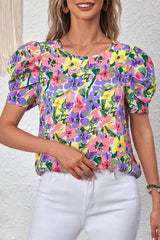 Purple Floral Print Puff Short Sleeve Crew Neck Blouse Blouses & Shirts JT's Designer Fashion