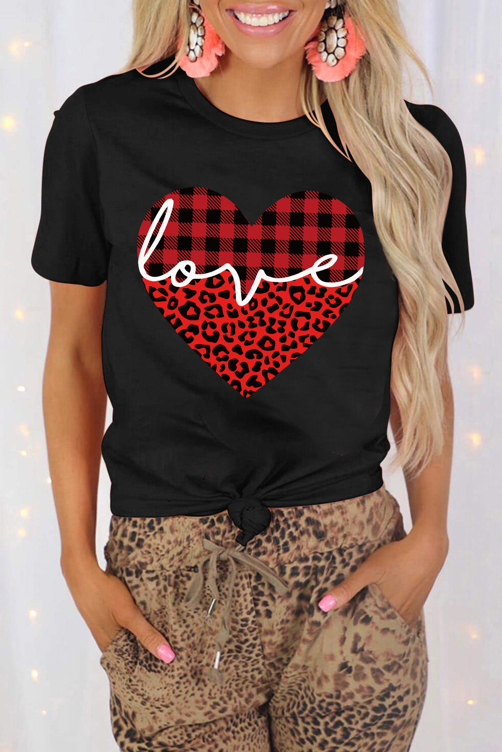 Black Love Leopard Plaid Heart Shaped Crewneck T Shirt Graphic Tees JT's Designer Fashion