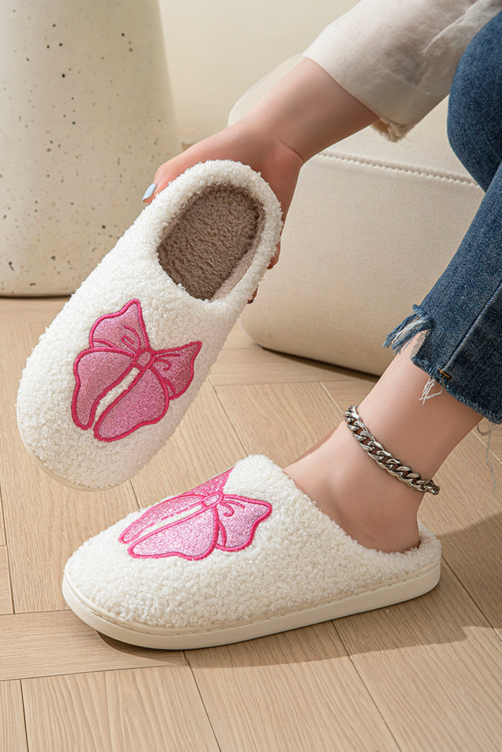 White Cute Bowknot Pattern Plush Valentines Slippers Slippers JT's Designer Fashion