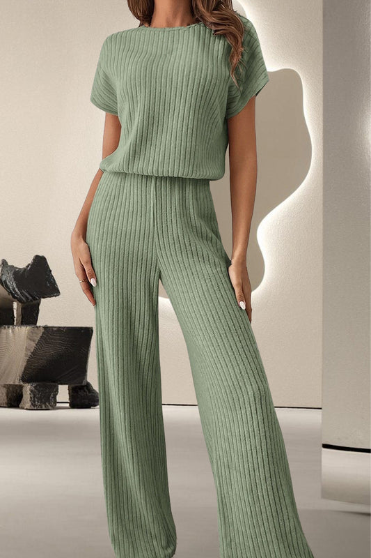 Round Neck Short Sleeve Jumpsuit Sage Jumpsuits & Rompers JT's Designer Fashion