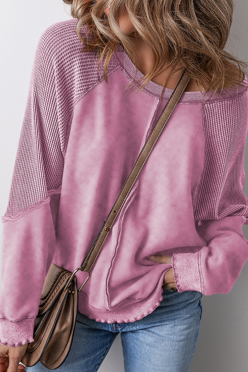 Pink Solid Waffle Knit Patchwork Raglan Sleeve Sweatshirt Sweatshirts & Hoodies JT's Designer Fashion