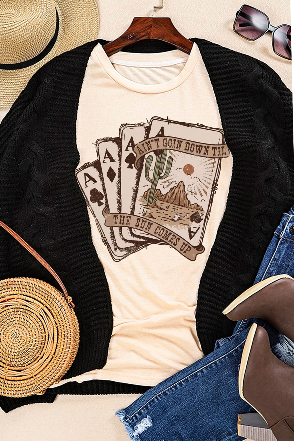 Khaki Western Poker Cards Graphic T Shirt Graphic Tees JT's Designer Fashion