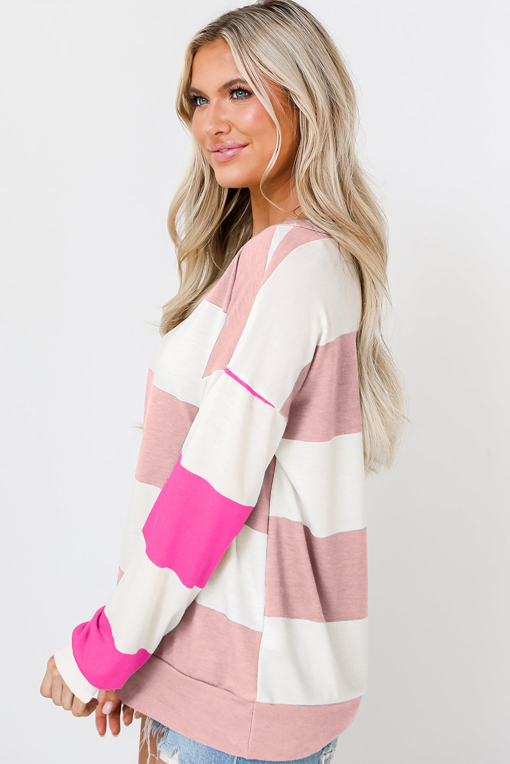 Light Pink Colorblock Striped Drop Shoulder Long Sleeve Top Long Sleeve Tops JT's Designer Fashion