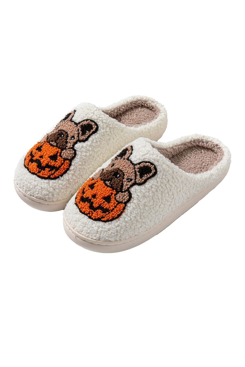 White Halloween Dog Pumpkin Pattern Fuzzy Slippers Slippers JT's Designer Fashion