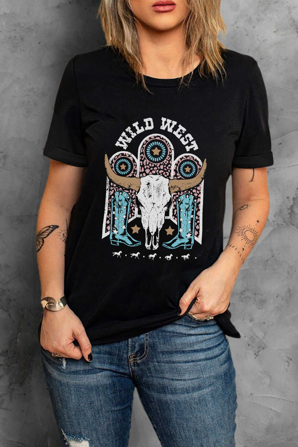 Black WILD WEST Steer Skull Graphic T Shirt Graphic Tees JT's Designer Fashion