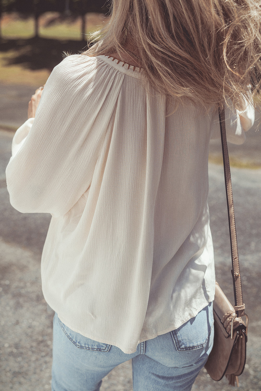 Beige Floral Embroidered Textured Puff Sleeve Loose Shirt Blouses & Shirts JT's Designer Fashion