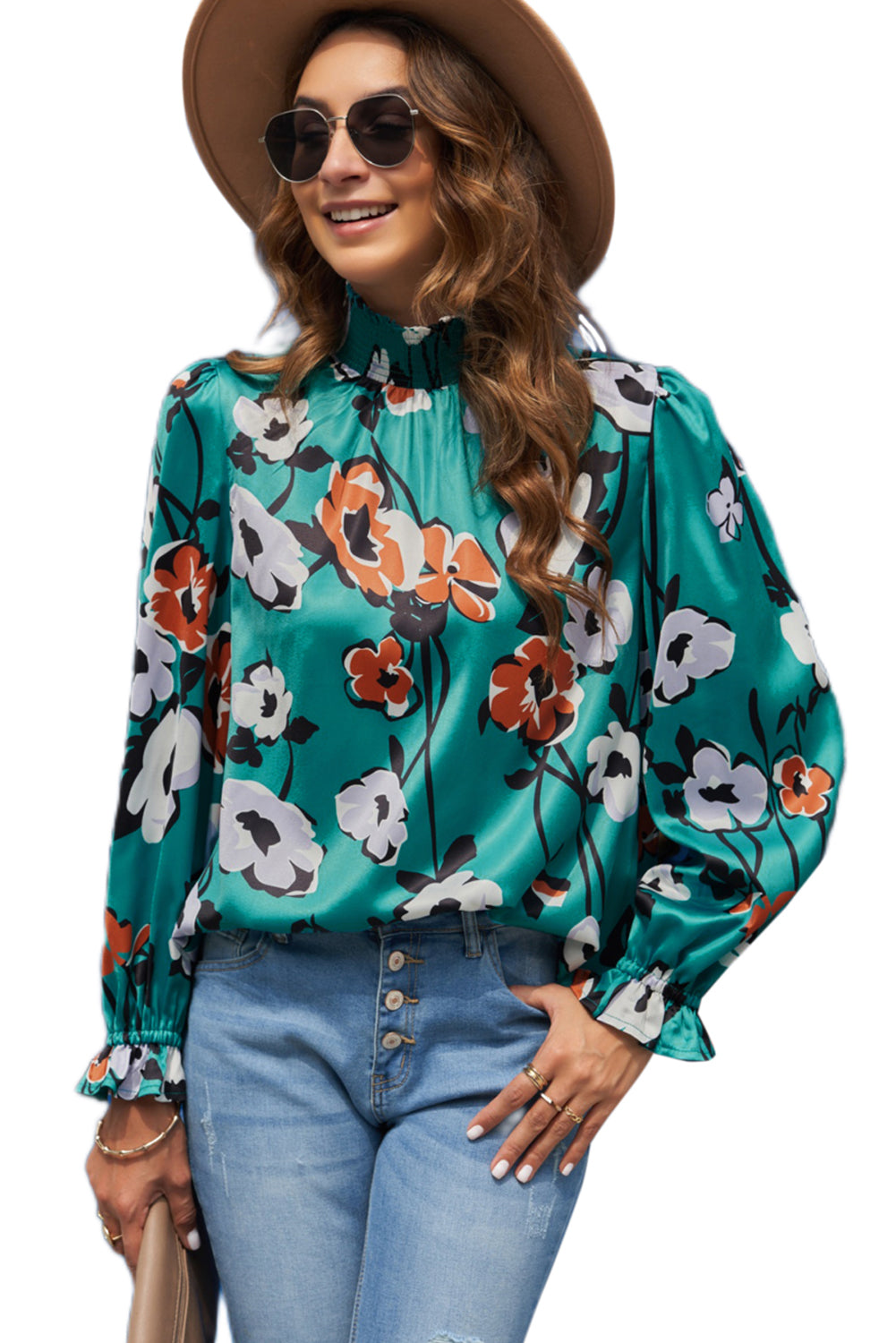 Floral Print Smocked Mock Neck Blouse Blouses & Shirts JT's Designer Fashion