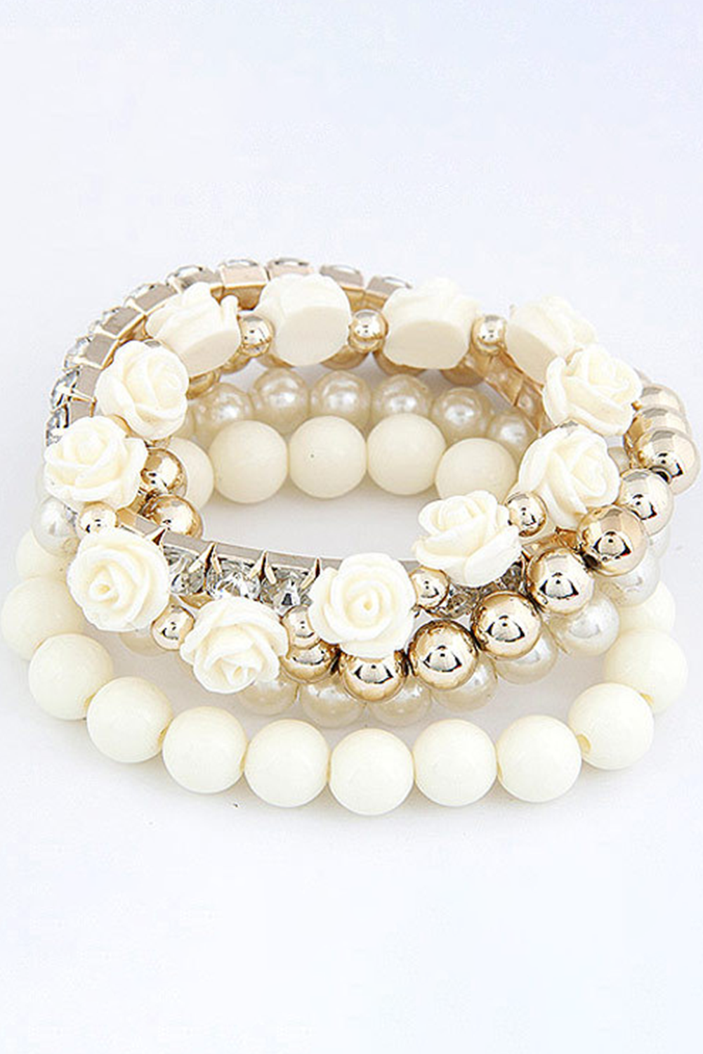 White Flower Rhinestone Beaded Multi Layer Bracelet Set Jewelry JT's Designer Fashion