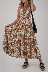 Khaki Floral Shirred High Waist Spaghetti Straps Maxi Dress Floral Dresses JT's Designer Fashion