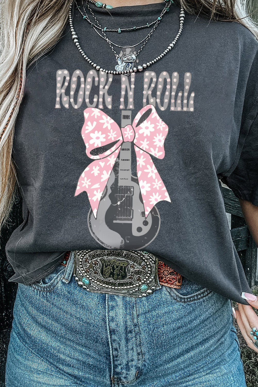 Black ROCK N ROLL Bowknot Guitar Graphic T Shirt Graphic Tees JT's Designer Fashion