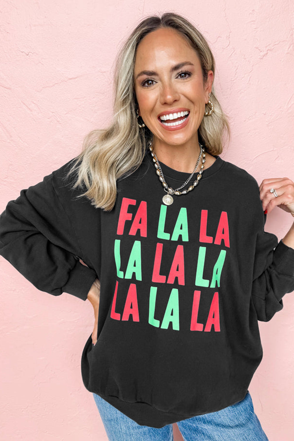 Black FA LA LA Christmas Letter Graphic Sweatshirt Graphic Sweatshirts JT's Designer Fashion