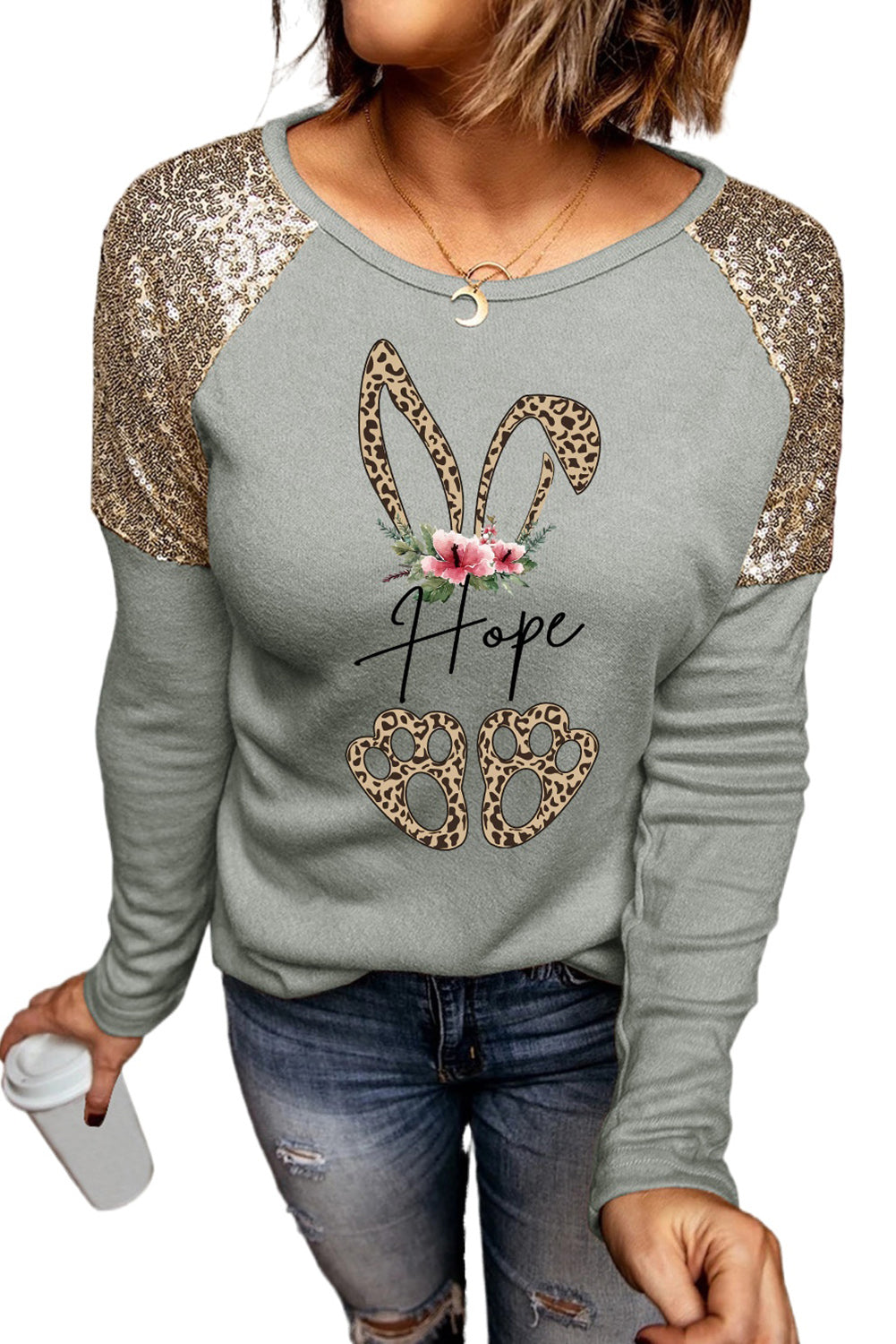 Gray Bunny Hope Print Sequin Patchwork Long Sleeve Sweatshirt Graphic Sweatshirts JT's Designer Fashion