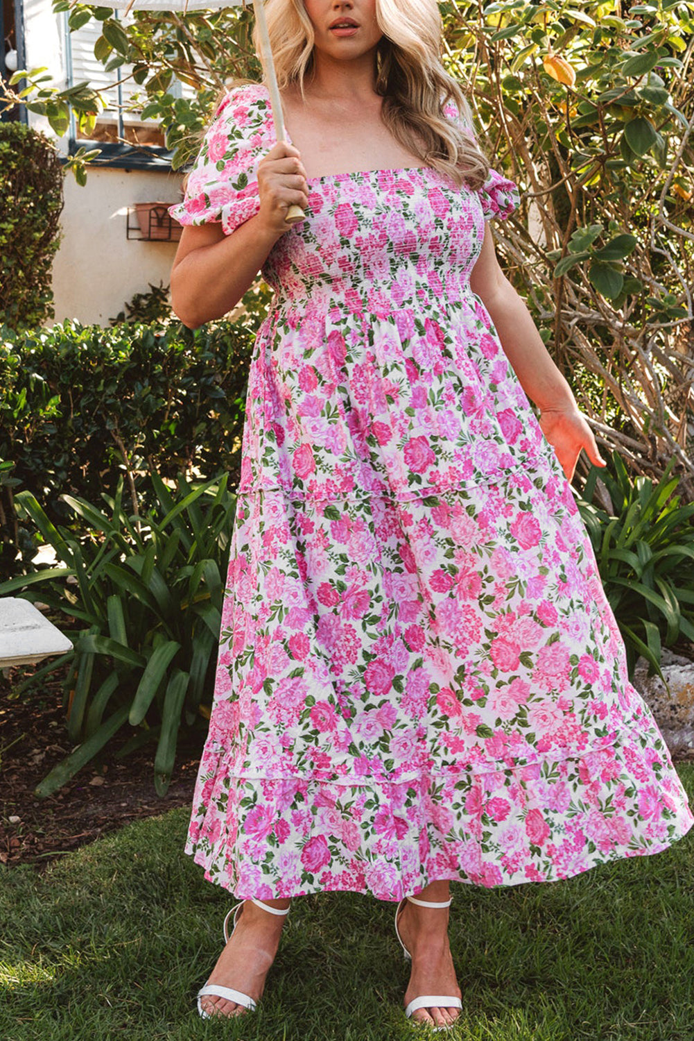 Pink Dainty Floral Smocked Puff Sleeve Flowy Long Dress Pink 100%Polyester Maxi Dresses JT's Designer Fashion