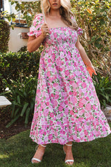 Pink Dainty Floral Smocked Puff Sleeve Flowy Long Dress Pink 100%Polyester Maxi Dresses JT's Designer Fashion