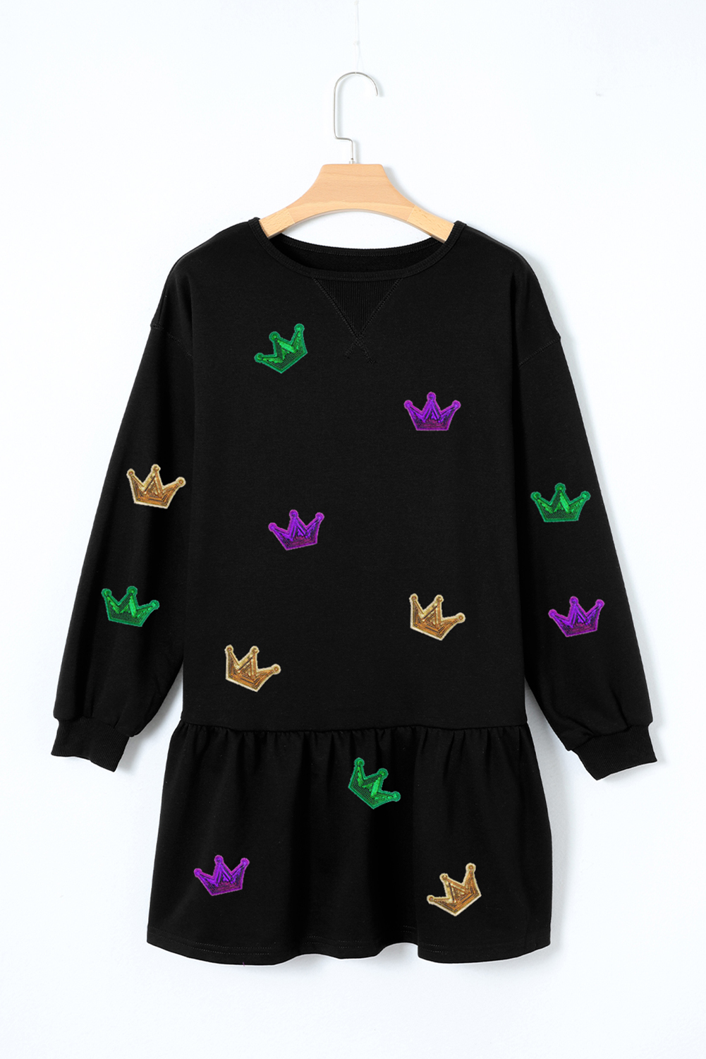 Black Mardi Gras Crown Patched Long Sleeve Ruffle Hem Dress Graphic Dresses JT's Designer Fashion