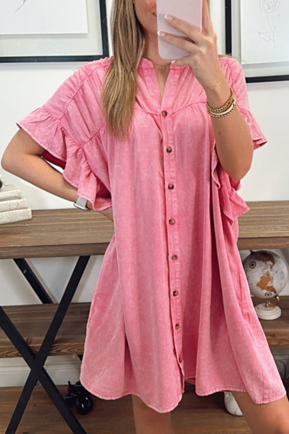 Pink Ruffled Short Sleeve Button Up Denim Mini Dress Dresses JT's Designer Fashion