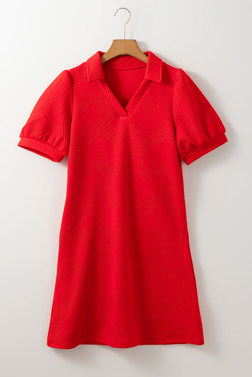Fiery Red Textured Collared V Neck Puff Short Sleeve Shift Mini Dress Mini Dresses JT's Designer Fashion