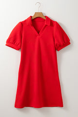 Fiery Red Textured Collared V Neck Puff Short Sleeve Shift Mini Dress Mini Dresses JT's Designer Fashion