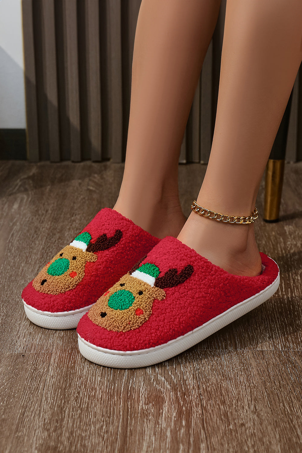 Fiery Red Christmas Reindeer Pattern Thick Sole Plush Slippers Slippers JT's Designer Fashion