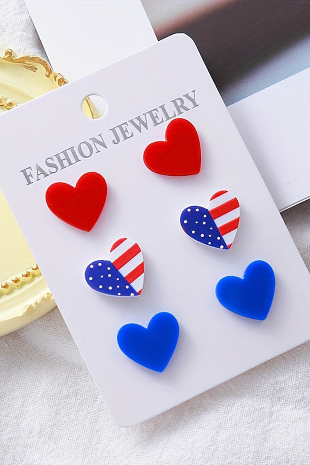 Fiery Red American Flag Print Heart Shape Stud Earrings Set Jewelry JT's Designer Fashion