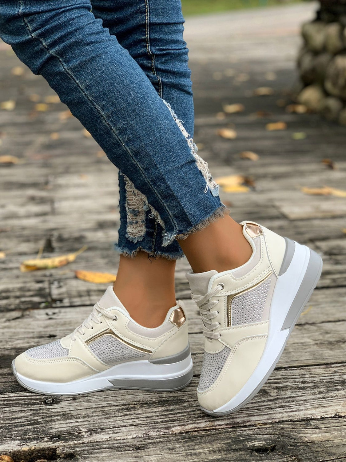 Lace-Up Rhinestone Wedge Sneakers Beige Shoes JT's Designer Fashion