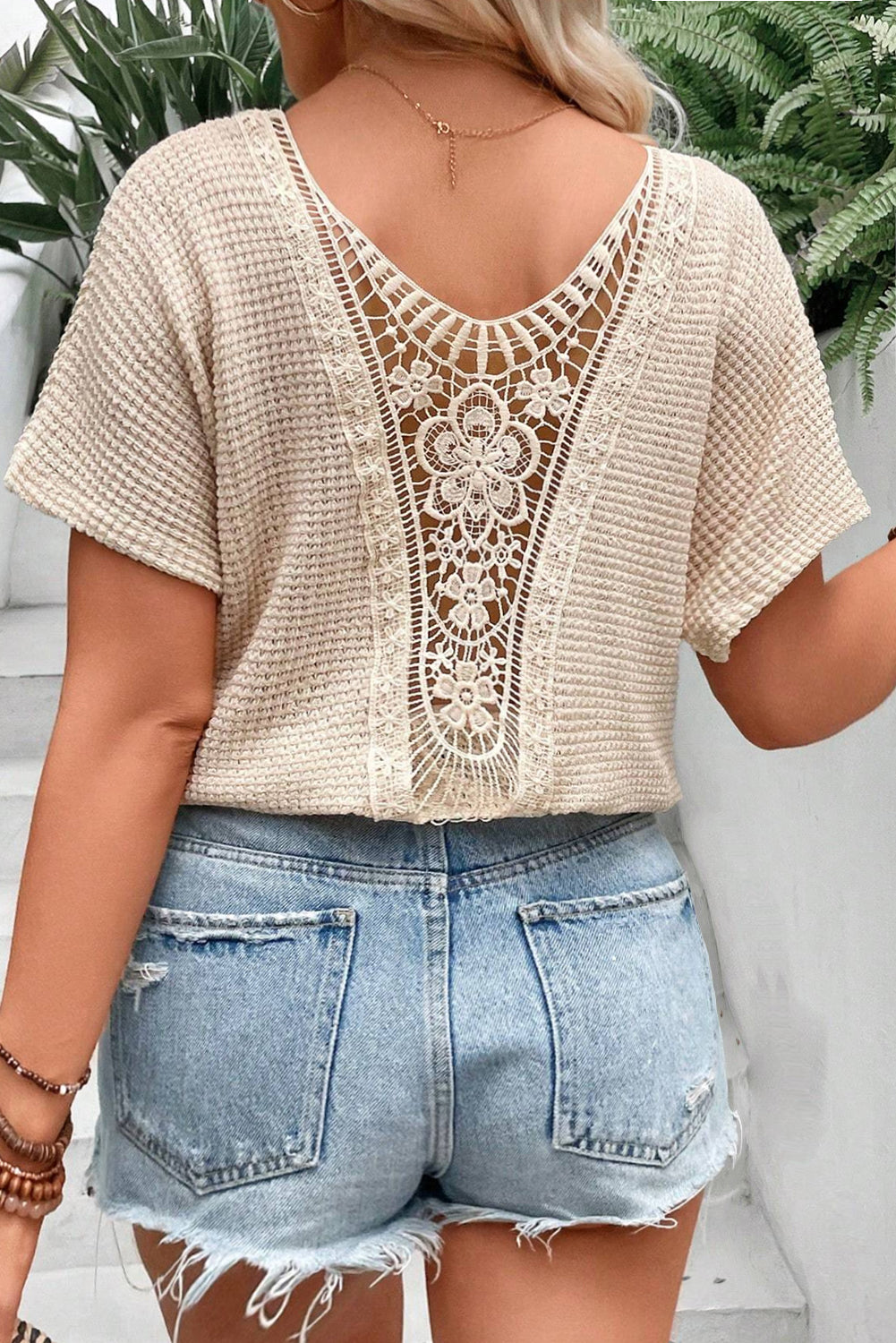 Beige Hollowed Lace Insert Plus Size Textured T Shirt Plus Size JT's Designer Fashion