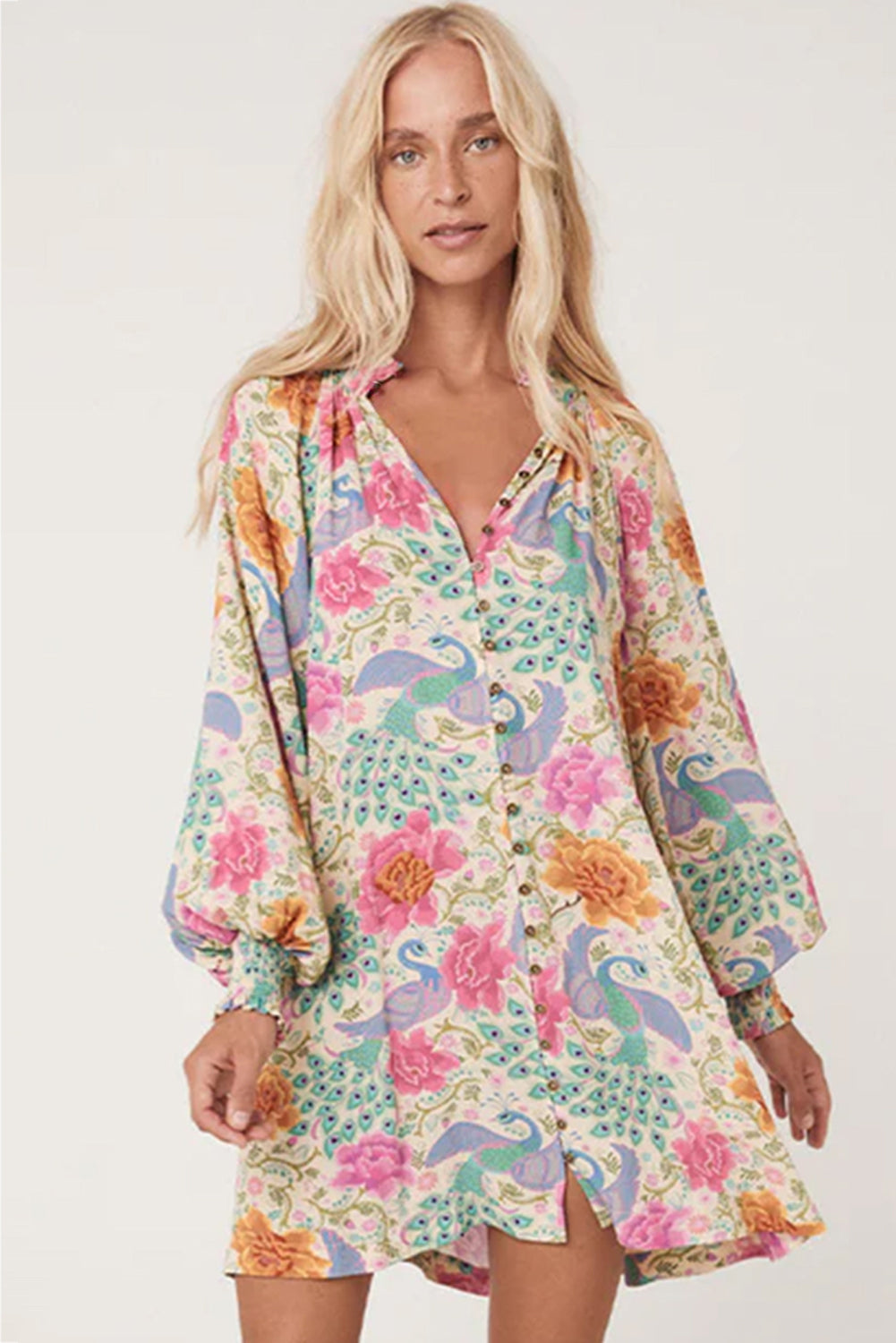 Multicolour Floral Print Bubble Sleeve Buttoned V Neck Mini Dress Floral Dresses JT's Designer Fashion