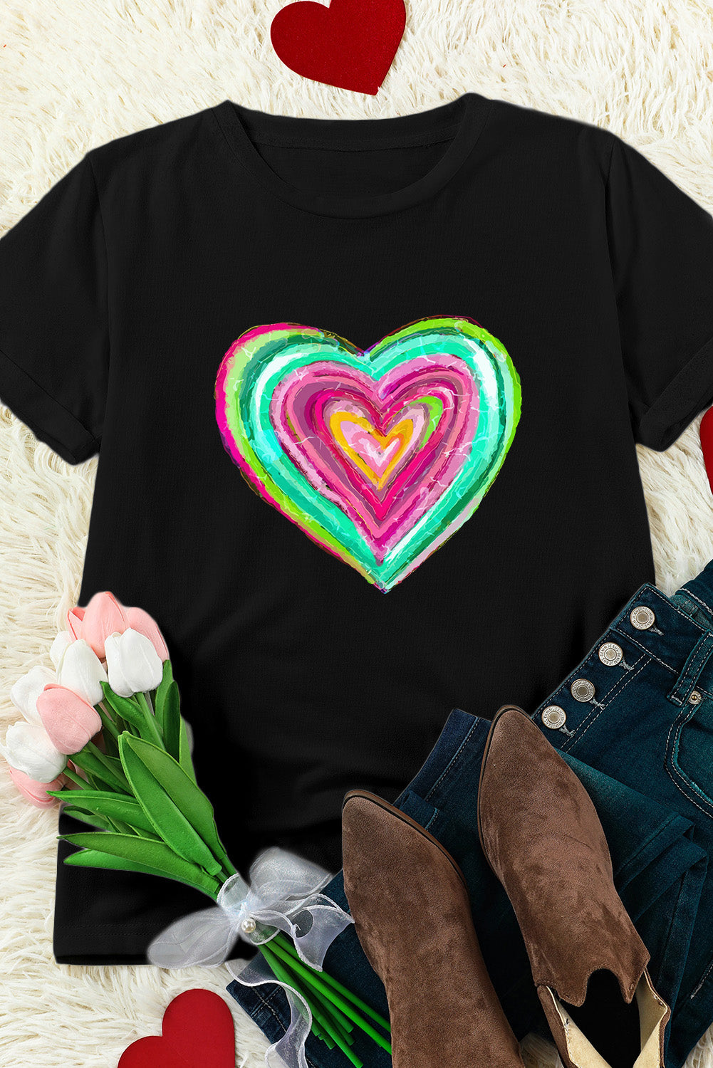 Black Valentine Heart Shaped Print Crew Neck T Shirt Graphic Tees JT's Designer Fashion