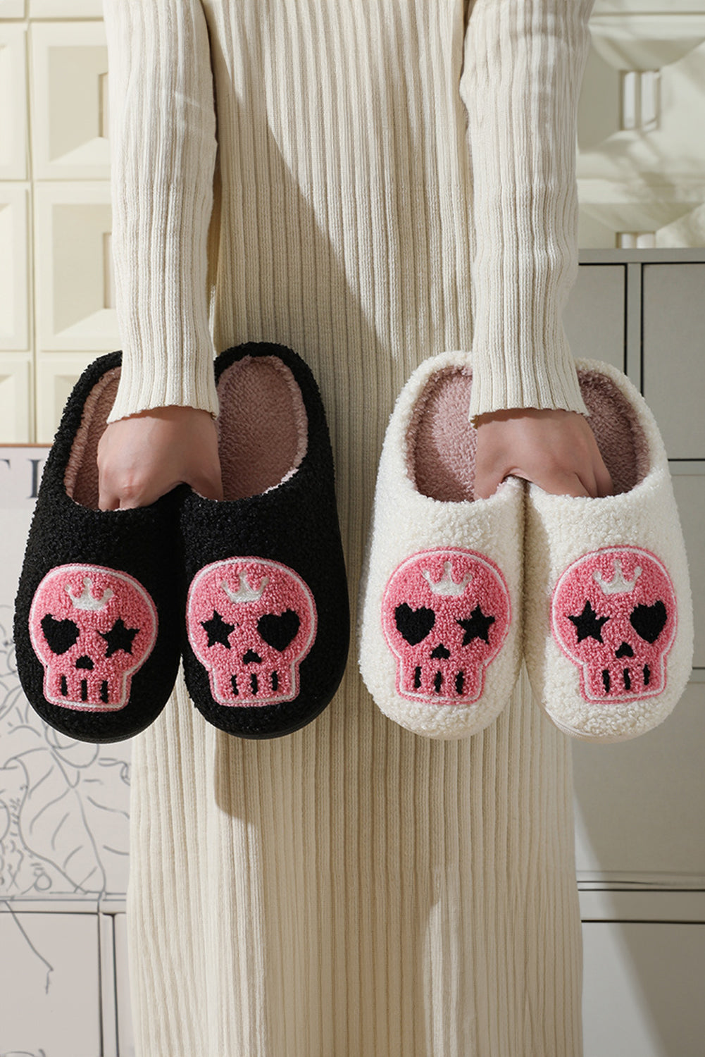 White Halloween Skull Printed Plush Winter Home Slippers Slippers JT's Designer Fashion