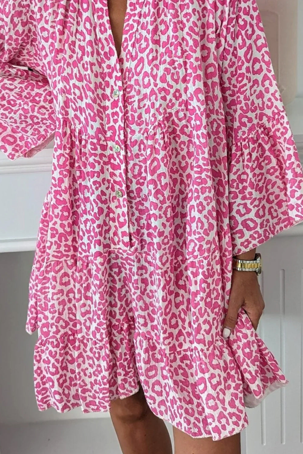 Bright Pink Leopard Printed Long Sleeve Buttoned Front Mini Dress Mini Dresses JT's Designer Fashion