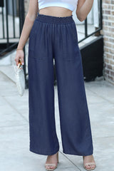 Sail Blue Side Pockets Frilled Smocked High Waist Wide Leg Jeans Jeans JT's Designer Fashion