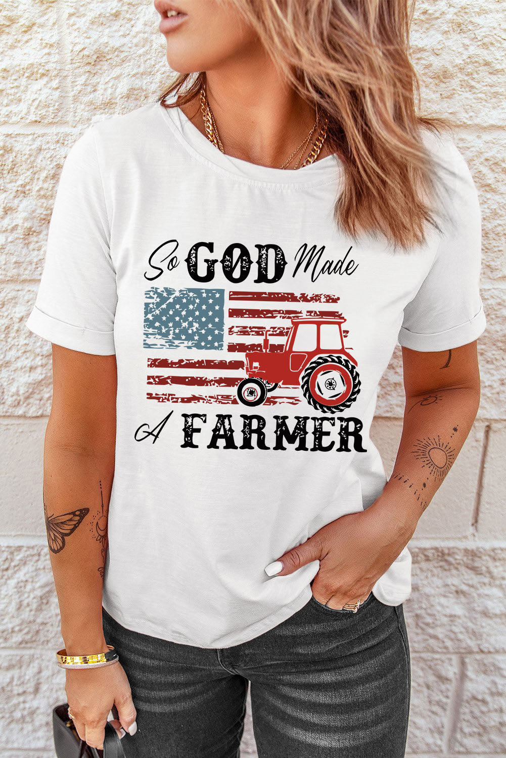 White So GOD Made A FARMER Flag Graphic Tee Graphic Tees JT's Designer Fashion