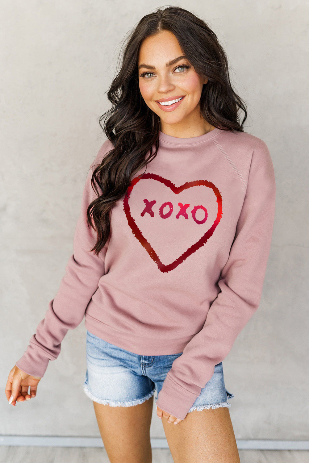 Pink XOXO Heart Shaped Glitter Print Long Sleeve Sweatshirt Graphic Sweatshirts JT's Designer Fashion