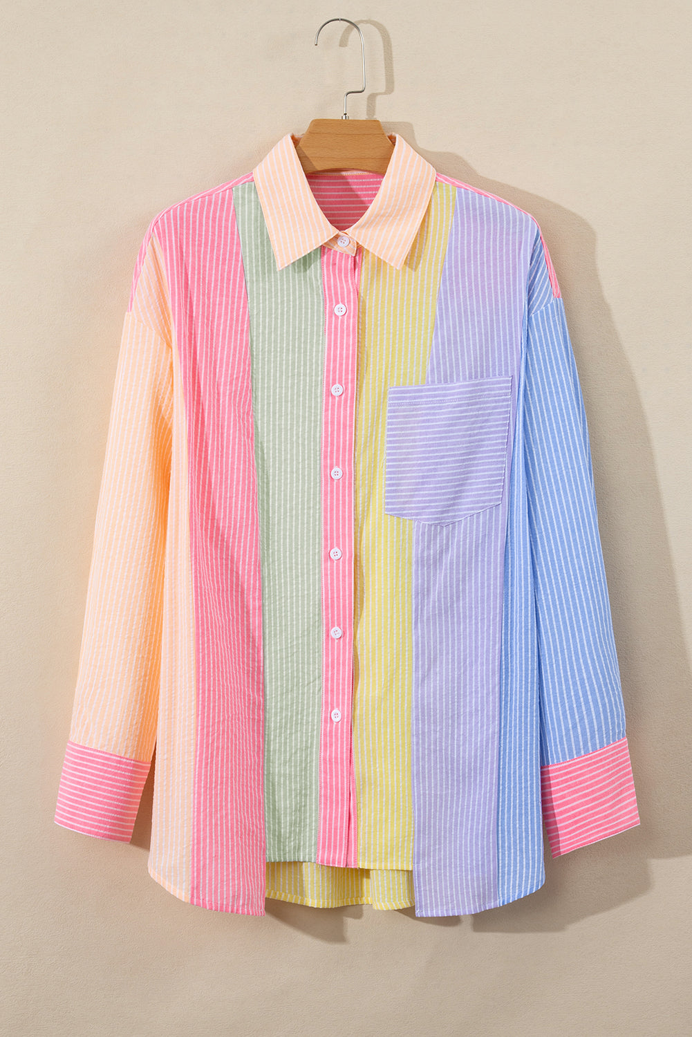 Pink Stripe Color Block Chest Pocket Oversized Shirt Blouses & Shirts JT's Designer Fashion