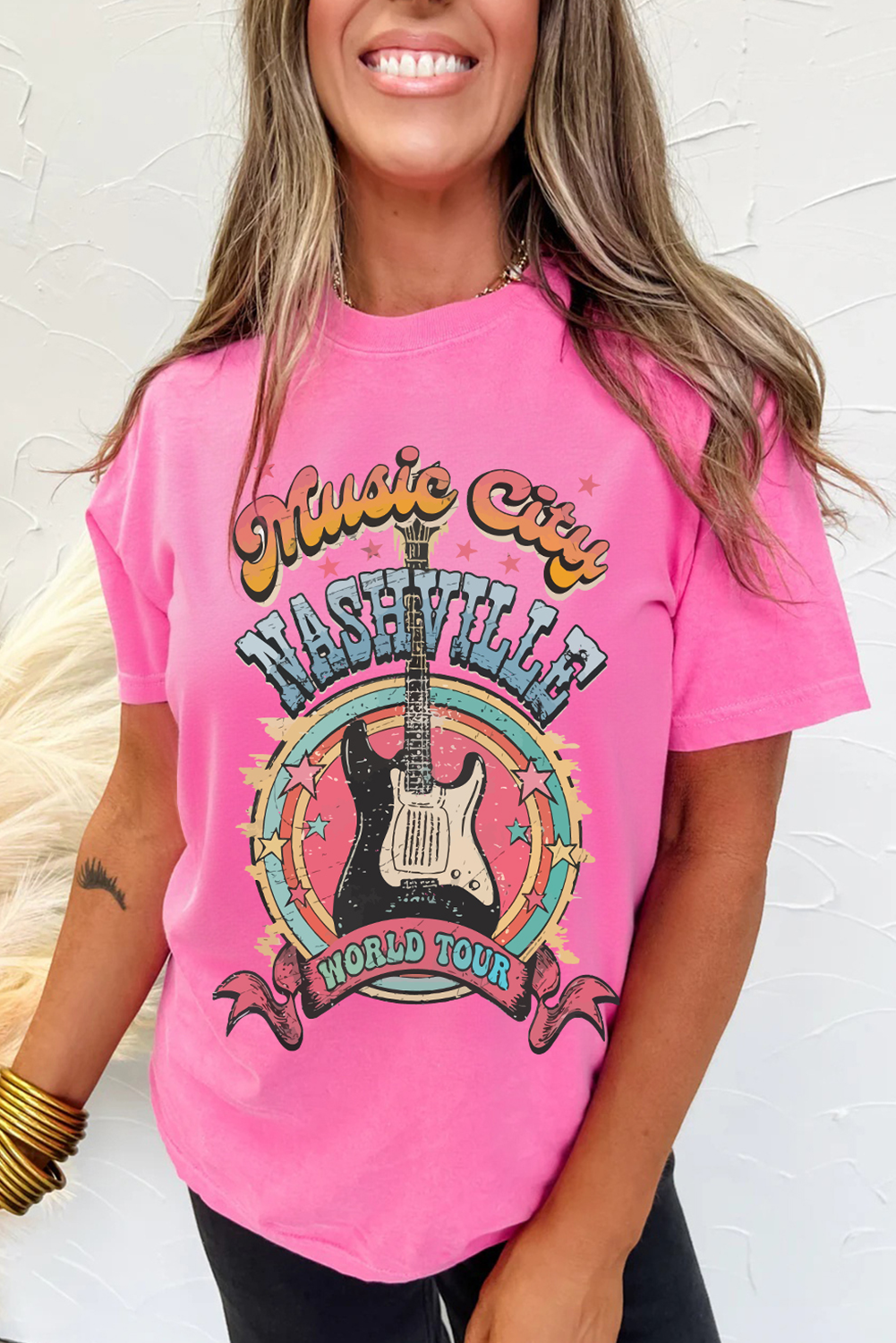 Sachet Pink Nashville WORLD TOUR Music City Guitarist Graphic Tee Graphic Tees JT's Designer Fashion