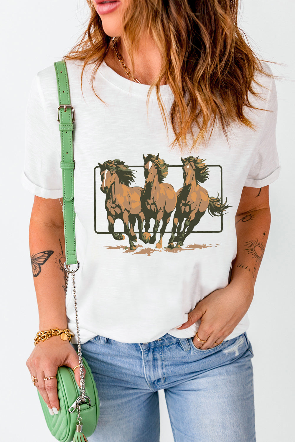 White Texas Horse Graphic Cuffed Sleeve Graphic T Shirt Graphic Tees JT's Designer Fashion