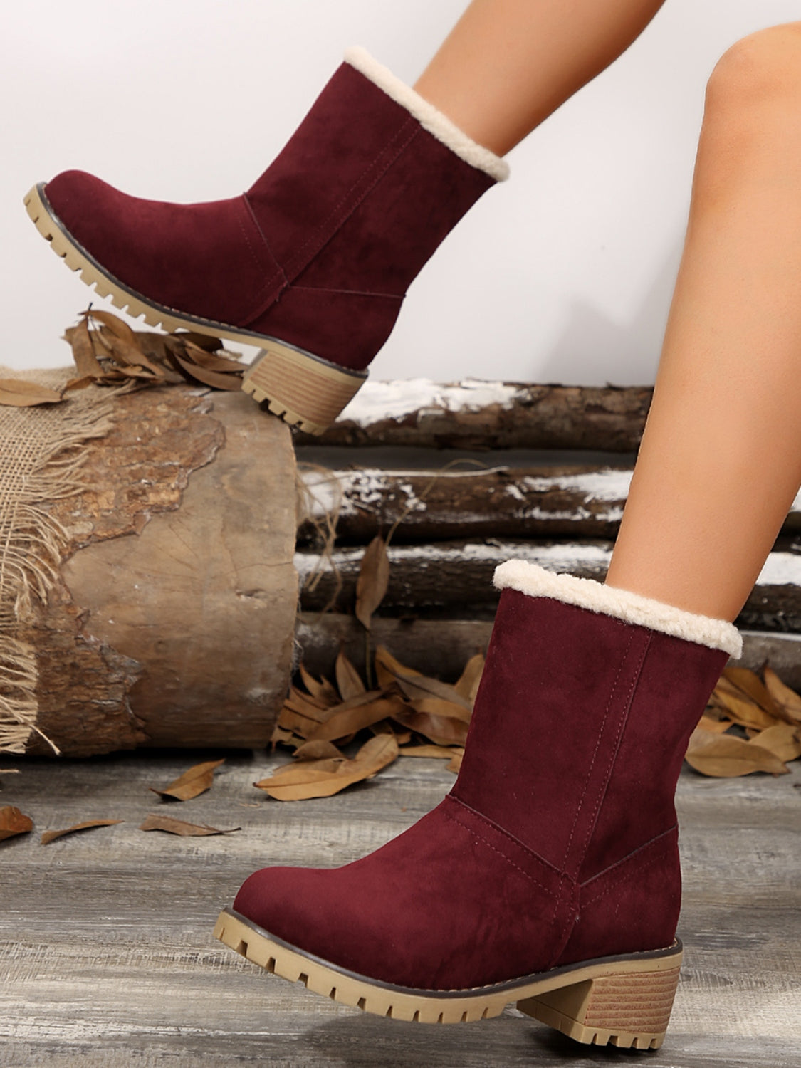 Thermal Fuzzy Block Heel Boots Burgundy Boots JT's Designer Fashion