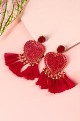 Racing Red Heart Shape Tasseled Dangle Earrings Jewelry JT's Designer Fashion