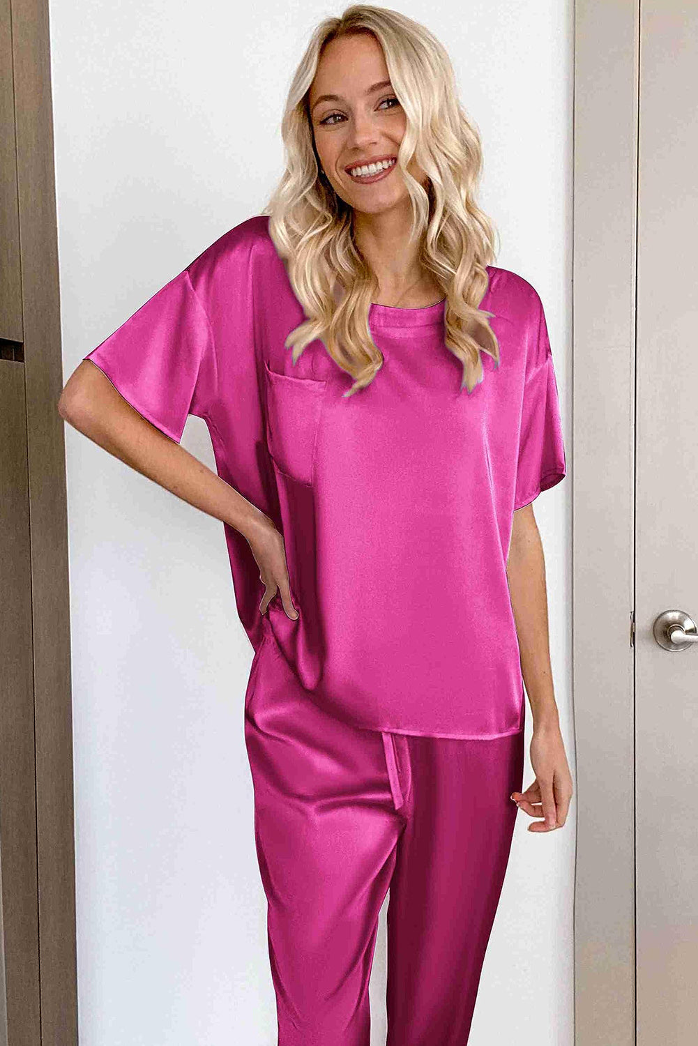 Bright Pink Satin Loose Tee and Drawstring Pants Set Pre Order Bottoms JT's Designer Fashion