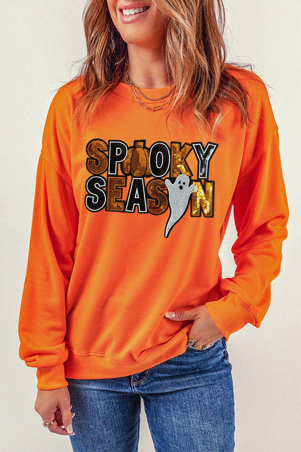 Russet Orange Sequin SPOOKY SEASON Ghost Pattern Halloween Pullover Sweatshirt Graphic Sweatshirts JT's Designer Fashion