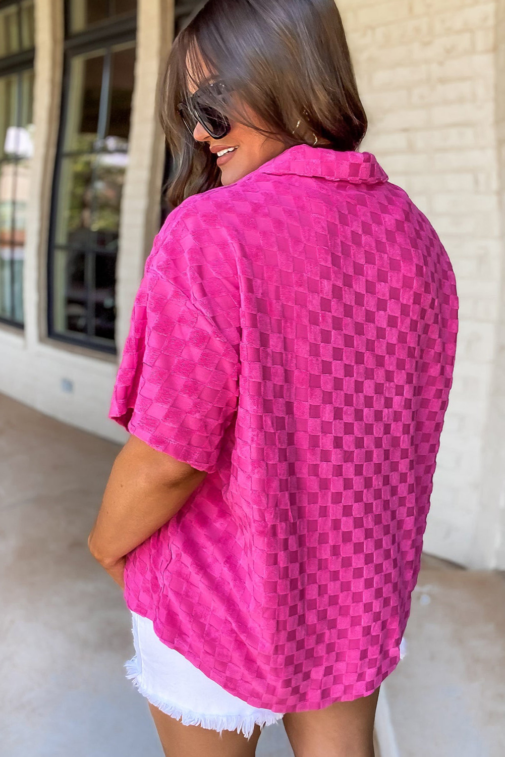 Rose Red Checker Textured Short Sleeve Plus Shirt Plus Size JT's Designer Fashion