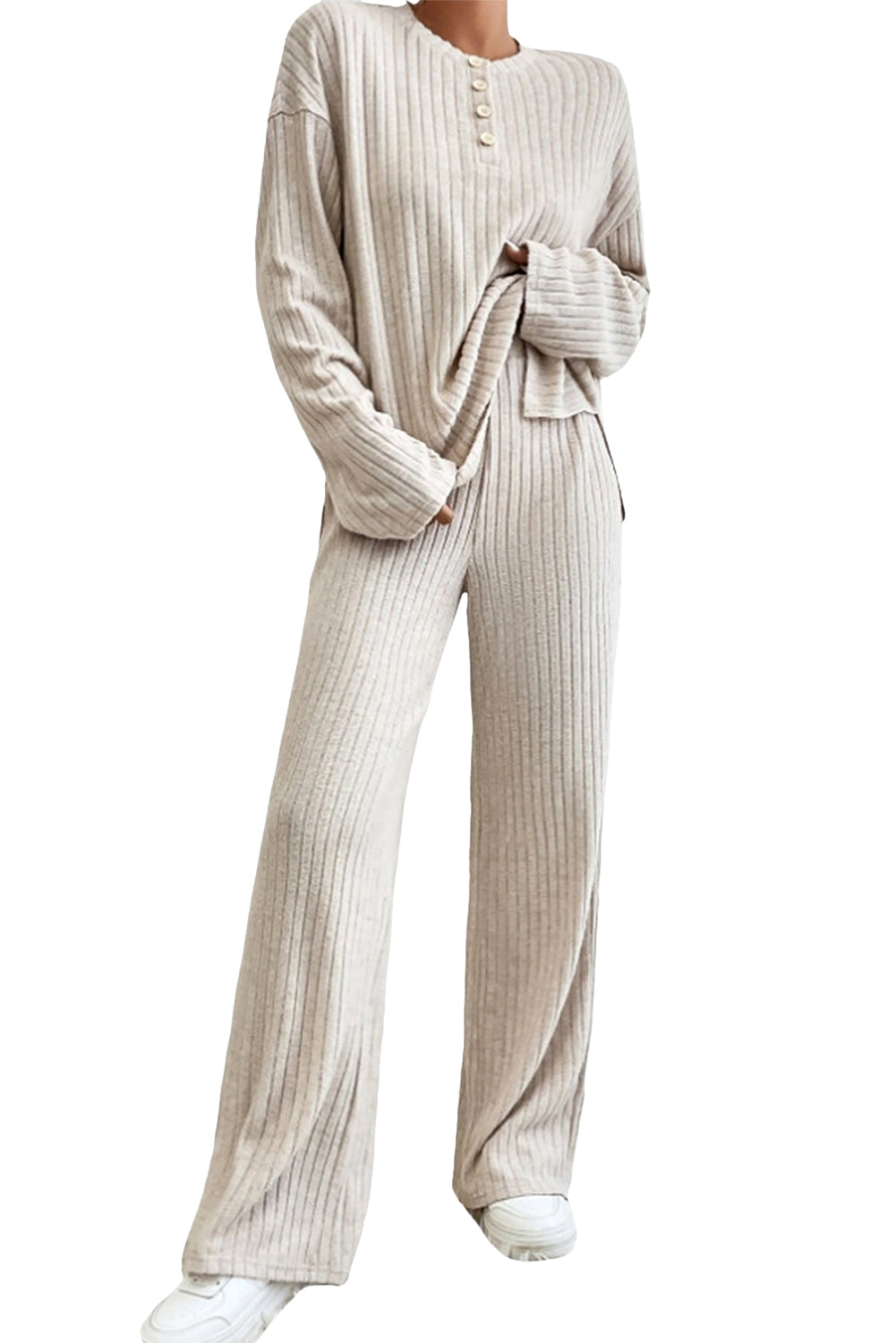 Beige Ribbed Drop Shoulder Henley Top Wide Leg Pants Set Pant Sets JT's Designer Fashion