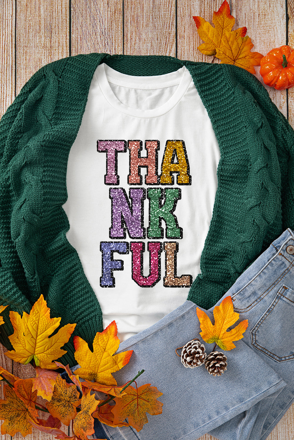 White Heat-transfer Printed THANKFUL Letter Graphic T Shirt Graphic Tees JT's Designer Fashion